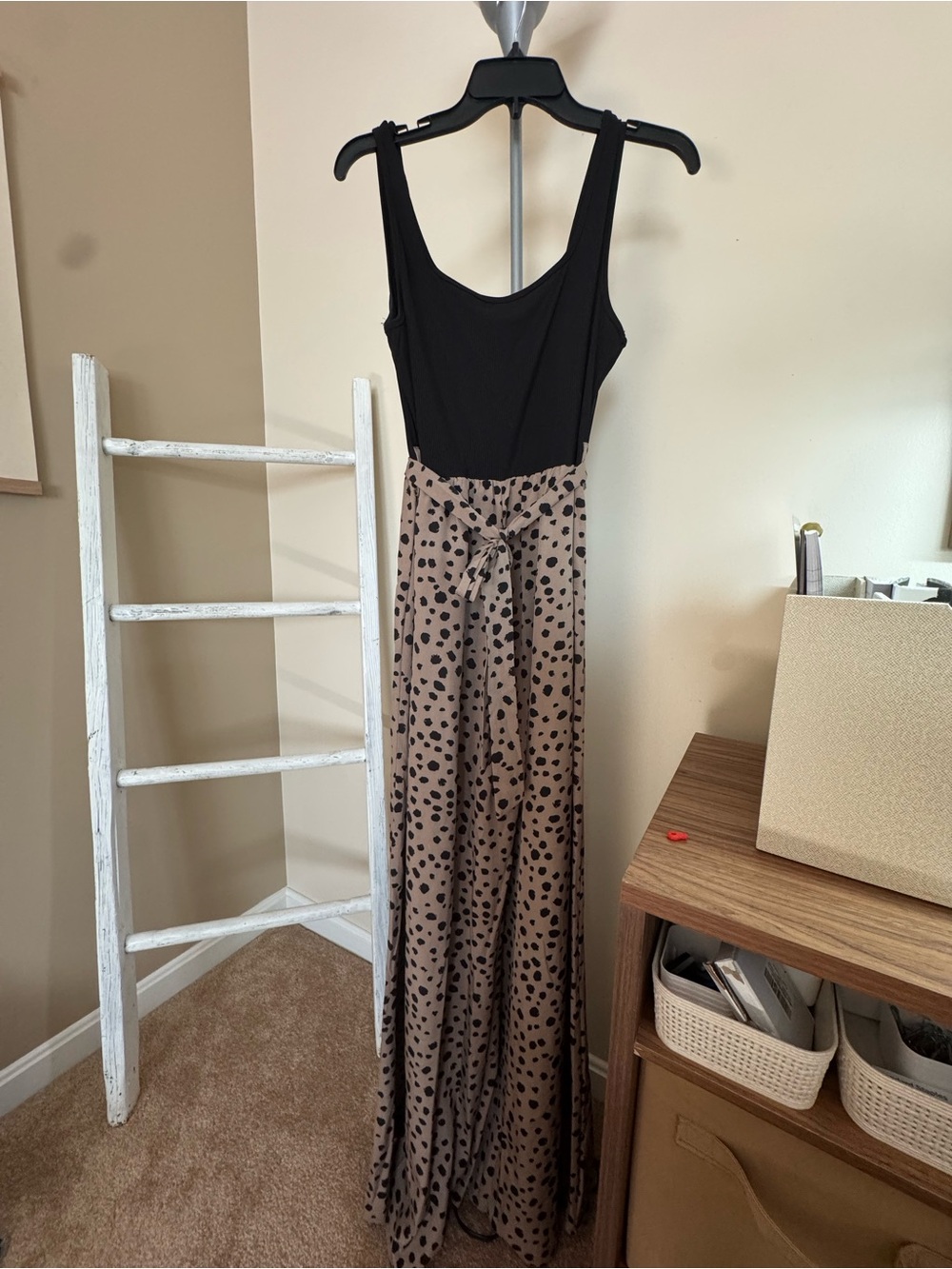 SHEIN Black Bodice with Taupe Polka Dot Wide-Leg Jumpsuit